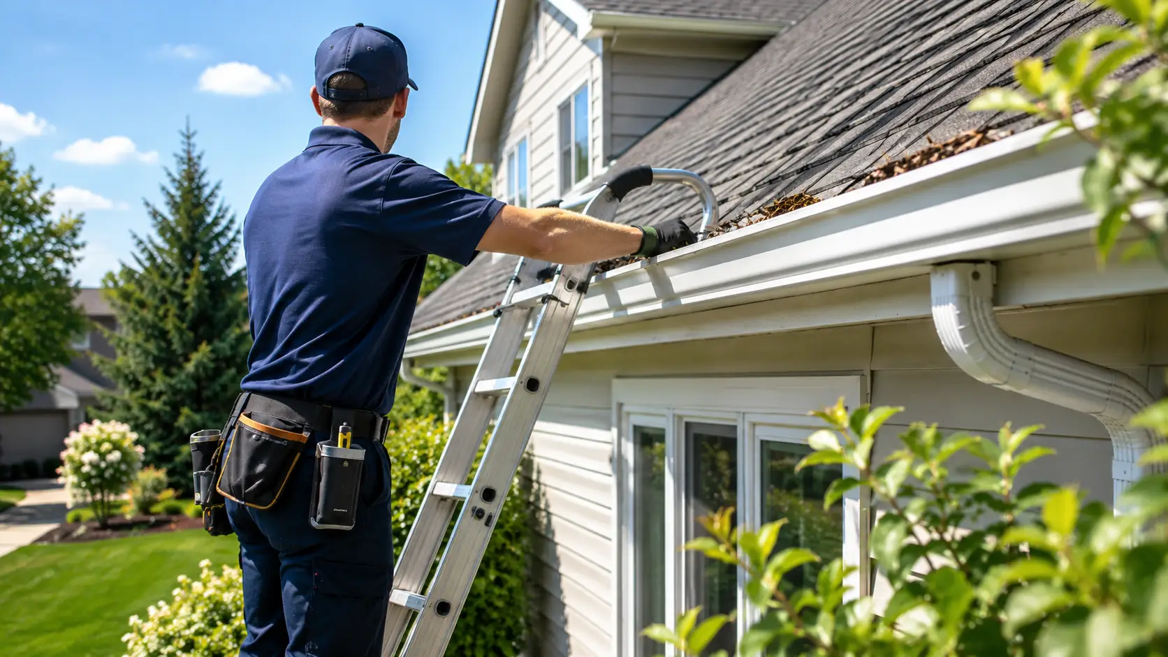Worker removing leaves and debris from a residential rain gutter