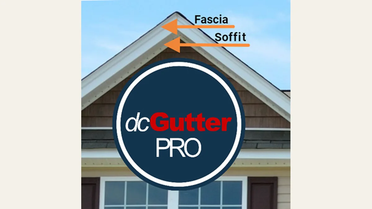 Diagram labeling the fascia and soffit at the edge of a residential roof